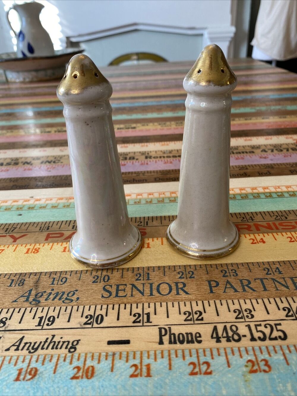 VINTAGE Salt Pepper SHAKERS Kass Lusterware Porcelain Gold Trim White USA